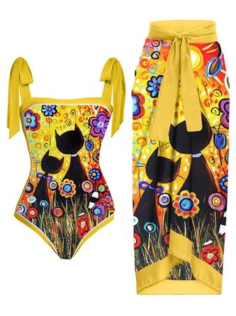 Vacation Floral Printing Square Neck One Piece With Cover Up
