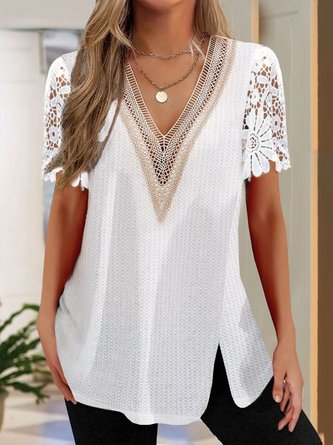 Casual Color Block V Neck Patchwork lace Tunic Blouses