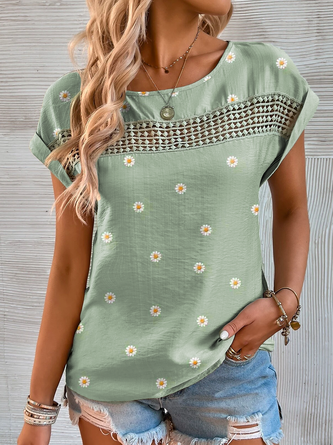 Casual Crew Neck Daisy Lace Shirt