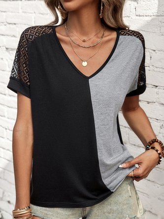Jersey Lace Casual Color Block T-Shirt