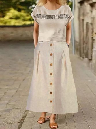 Plain Short Sleeve Hollow Out Lace Crew Neck Buckle Casual Top With Pockets Skirt Two-Piece Set