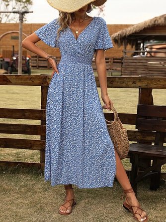 Vacation Loose Cross Neck Floral Summer Dress
