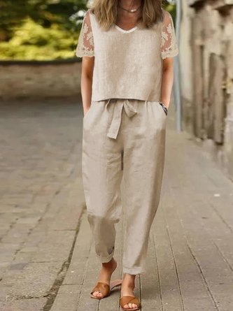 Lace Short Sleeves Top And Paperbag Straight Pant With Pockets Two Piece Set