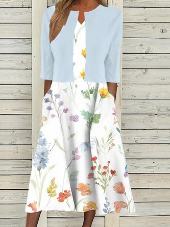 Floral Print Midi Dress And Half Sleeve Coat Two-Piece Set