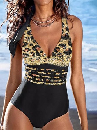 Leopard Printing Vacation V Neck One-Piece