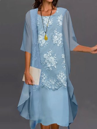 Ladies Loosen Lace Chiffon Elegant Lightblue Dress-Two Piece Set