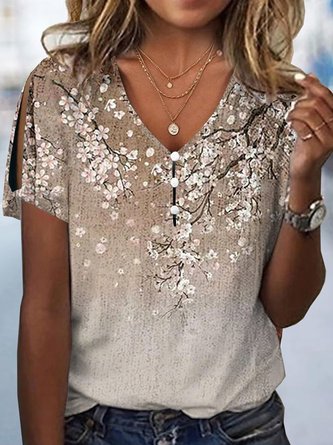 Loose Floral V Neck Casual Blouse
