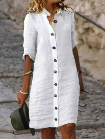 Women Casual Plain Cotton Daily Loose Buttons Three Quarter Sleeve Regular Midi Dress
