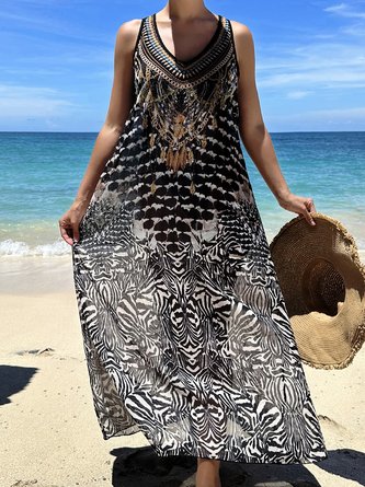 Vacation Abstract Printing V neck Coverup