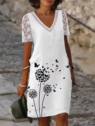 Dandelion V Neck Lace Casual Short Sleeve Loose Dress