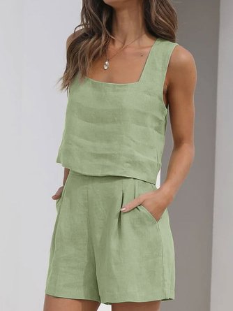 Plain Casual Tank Top And Wide Leg Short Two-Piece Set