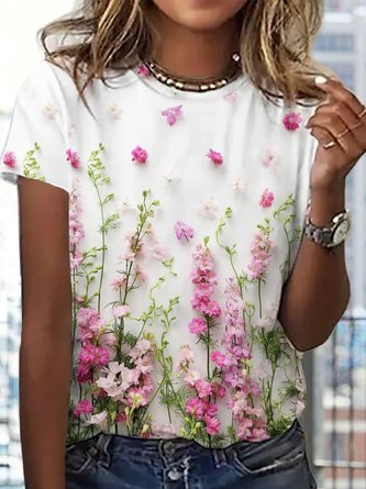 Loose Casual Crew Neck Floral T-Shirt