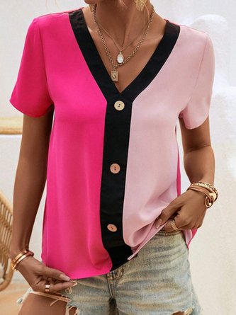 Color Block Loose Casual Blouse