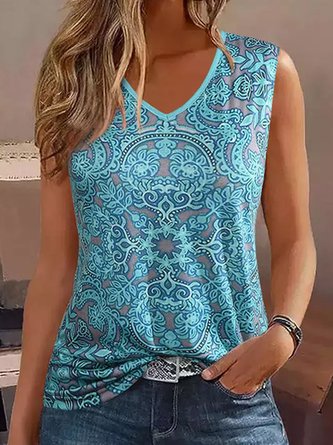 Ethnic V Neck Loose Casual Tank Top