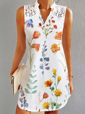 Casual Stand Collar Lace Edge Floral Dress