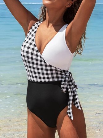 Sports Color Block V Neck One-Piece Swimsuit