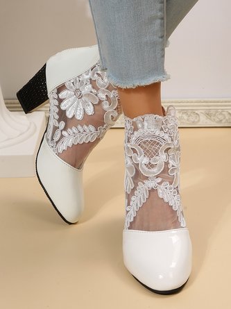 White Floral Embroidery Chunky Heel Lace Paneled Boots