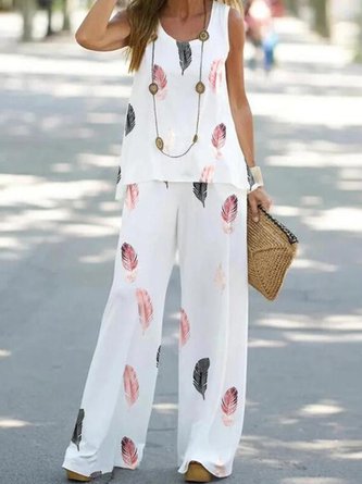 Feather Print Casual Sleeveless Top And Wide Leg Baggy Pant Two-Piece Set