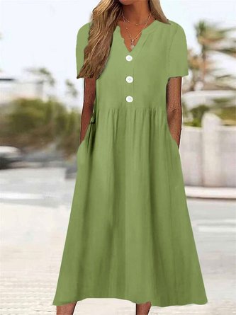 Notched Plain Buckle Casual Dress