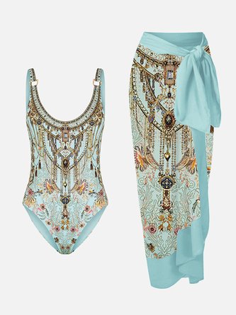 Vacation Abstract Printing Scoop Neck One Piece With Cover Up