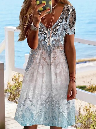 Vacation Jersey Ethnic V Neck Dress With No