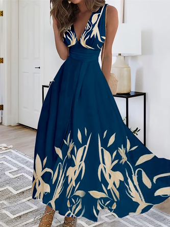 Women Casual Leaf Print V Neck Sleeveless Maxi Dress