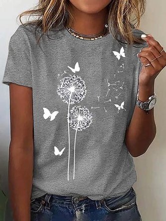 Floral Jersey Crew Neck Loose Casual T-shirt