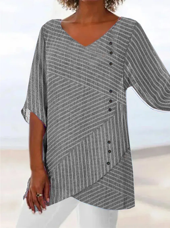 Buckle V Neck Vacation Striped Shirt