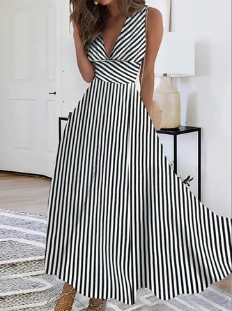 Casual Deep V Neck Striped Dress