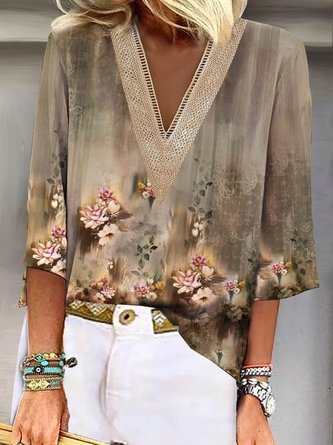 Floral Printed V Neck Vacation Lace Blouses
