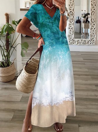 Ombre Sea Printed Vacation V-neck Dress