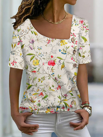 Floral Jersey Regular Sleeve Casual Asymmetrical Shirt