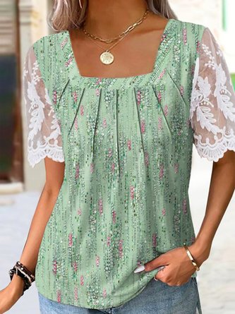 Casual Square Neck Loose Lace Shirt