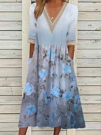 Floral Casual Lace V Neck Loose Maxi Dress