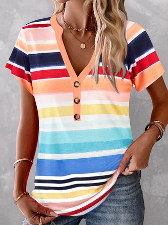Striped Casual Loose Buckle Notched Shirt