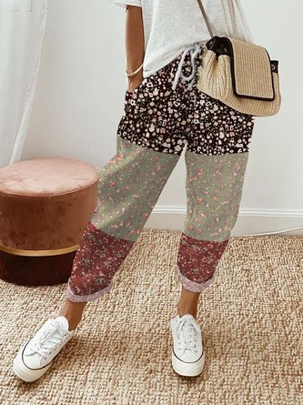 Loose Casual Floral Printed Lace-Up Pants