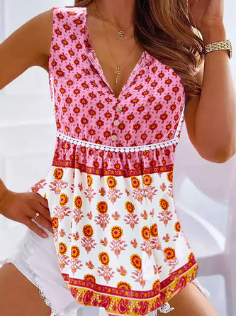 V Neck Casual Floral Lace Tank Top