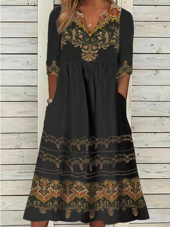 Plus Size V Neck Ethnic Jersey Casual Dress