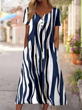 Notched Casual Striped Printed Dress