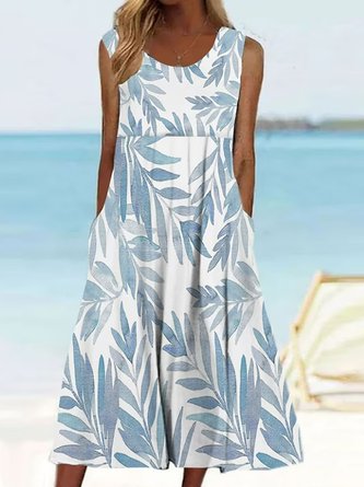 Plants Printed Vacation Sleeveless Dress