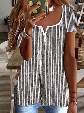 Loose Striped Casual Notched Shirt