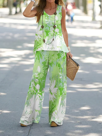 Crew Neck Casual Green Floral Two-Piece Set