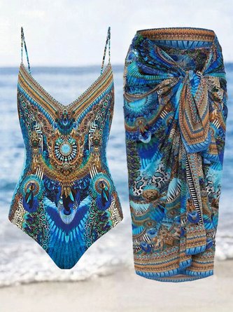 Vacation Ethnic Printing V Neck One Piece With Cover Up