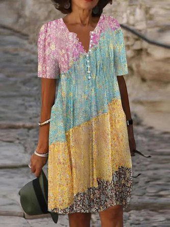 Loose Notched Floral Casual Dress