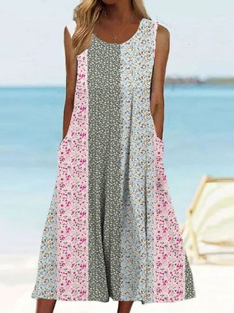 Vacation Crew Neck Floral Pocket Stitching Dress