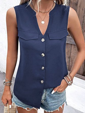Plain Loose Notched Casual Tank Top