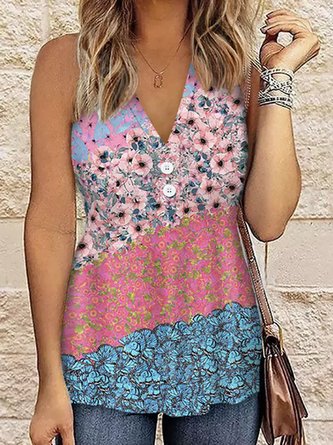 Buckle Casual Floral Loose Tank Top