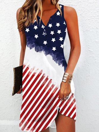 Casual Buckle Notched Independence Day Dress