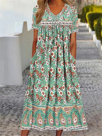 Floral V Neck Casual Vacation Loose Maxi Dress