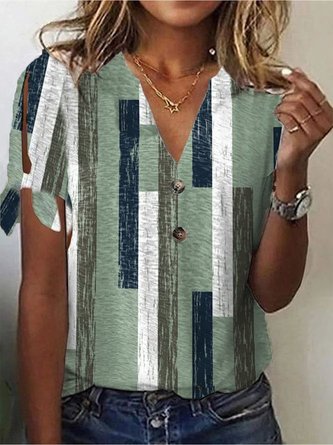 Women Summer Casual Colorblock O-Neck Denim Shirt